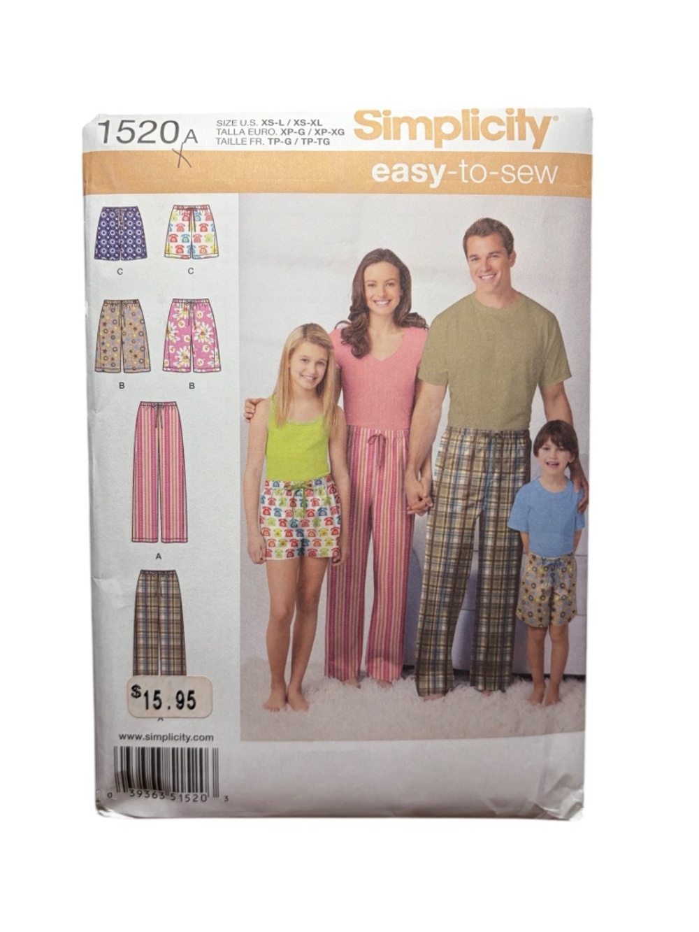Simplicity Pattern 1520 Unisex Adult Teen Child Pajama Pants Shorts Uncut/New